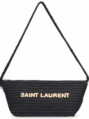 Saint Laurent YSL Le Rafia Black Woven Embroidered Logo Shoulder Crossbody Bag
